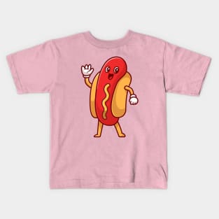 Cute Hotdog Waving Hand Cartoon Kids T-Shirt